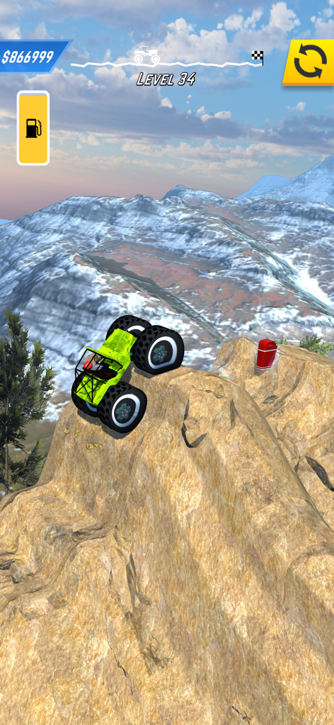 Rock Crawler - A lime green monster truck climbing a steep rocky peak in the Rock Crawler mobile game