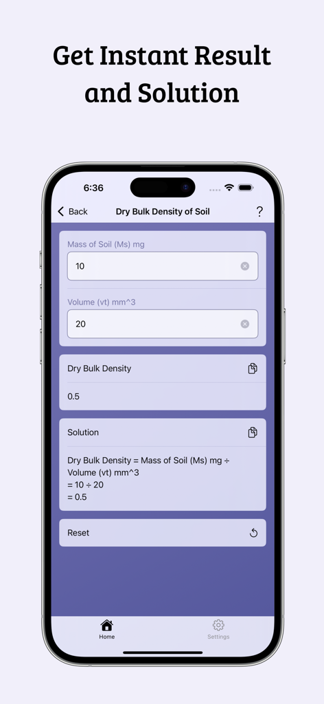 Fluid Mechanics Calculator - Fluid Mechanics Calculator app interface showing a dry bulk density of soil calculation with the formula and final result