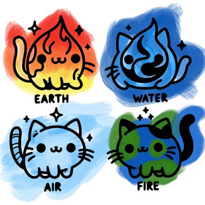 4 cats that represent the different elements, earth, water, air, and fire
