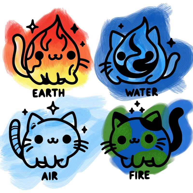 4 cats that represent the different elements, earth, water, air, and fire