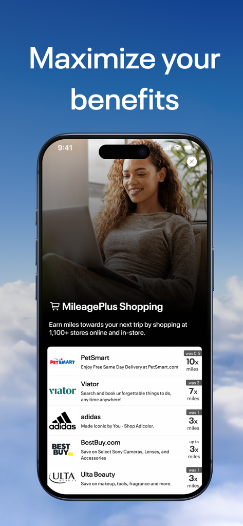MileagePlus X - MileagePlus X app screen showing various store offers for earning miles