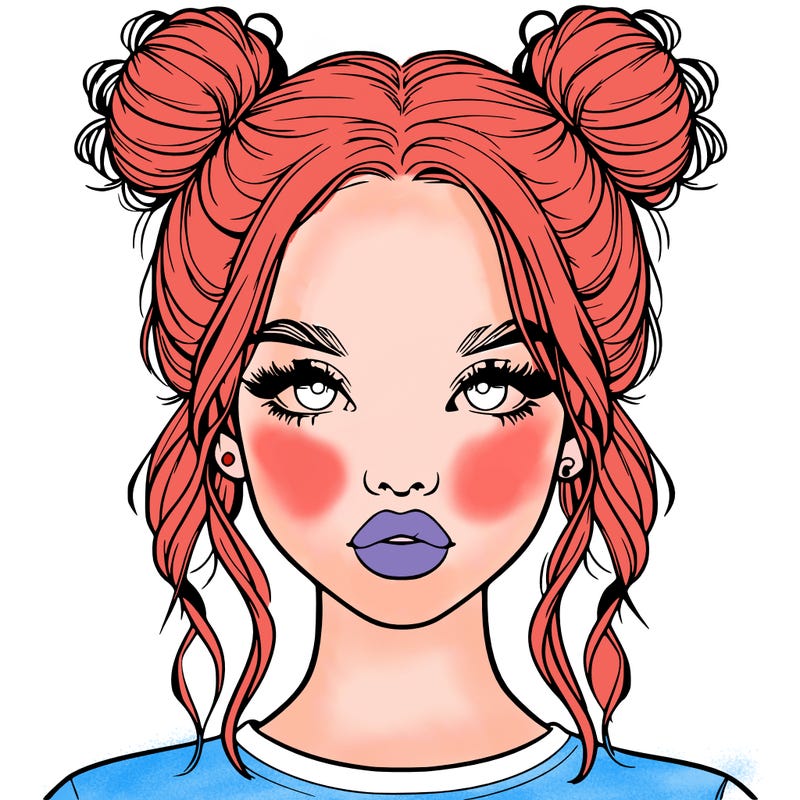 realistic girl with two buns in hair and lips