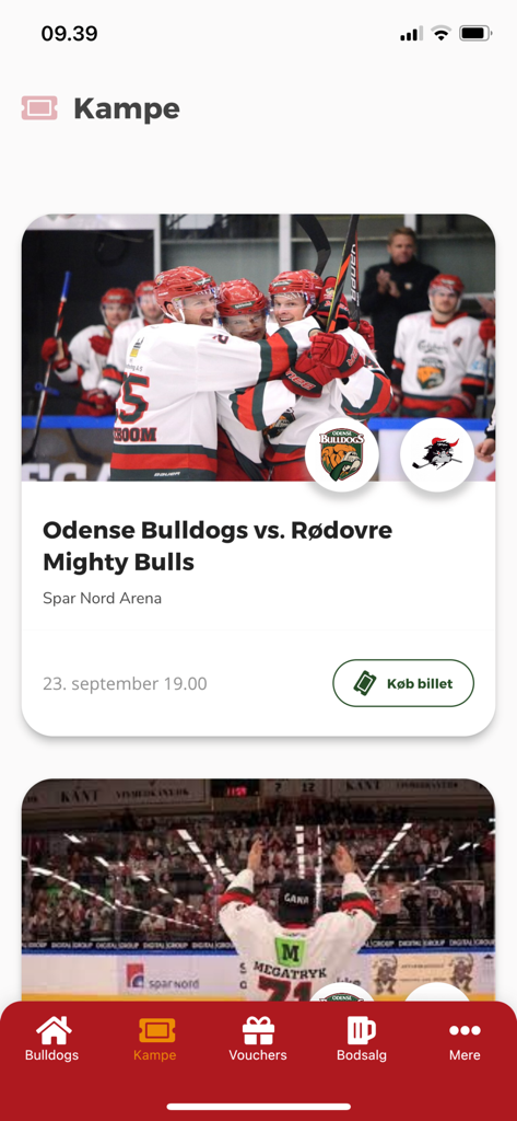 Metal Ligaen - Metal Ligaen app interface showing upcoming ice hockey matches and a ticket purchase button