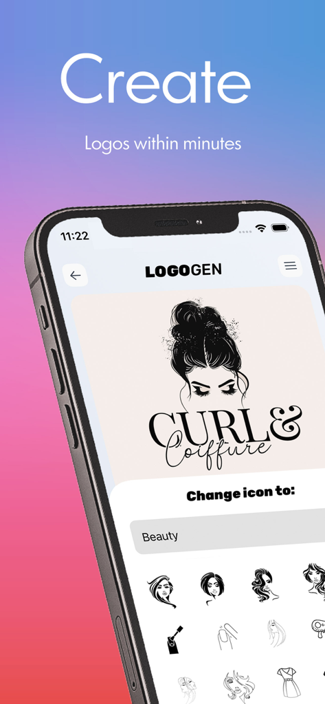 Logo Maker & Design Creator ‣ - Smartphone screen showing the Logo Maker app interface with a professional beauty salon logo and various icon options