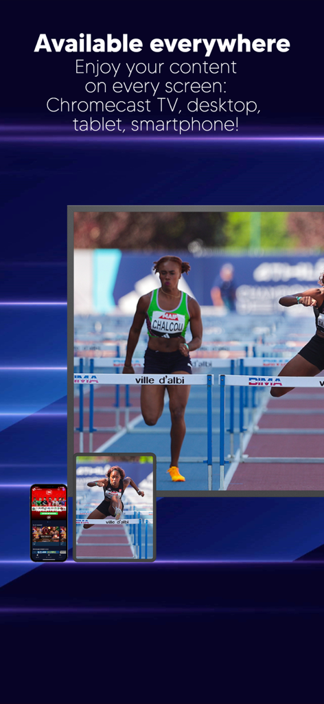 A woman competing in a hurdle race displayed across a smartphone tablet and television screen via the Sportall app