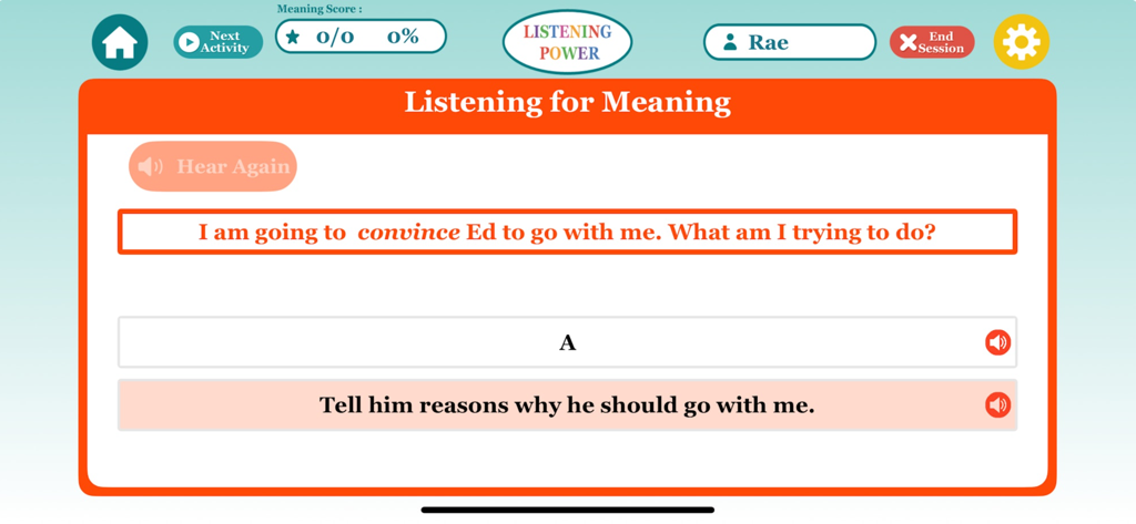 Listening Power Advanced app showing a Listening for Meaning exercise