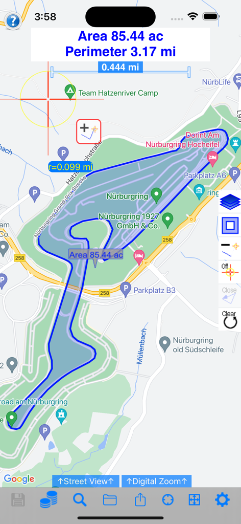 Land Measure Pro app interface showing the calculation of area and perimeter for a traced path on a map