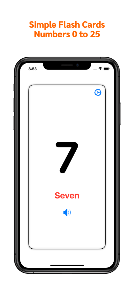 Una tarjeta educativa sencilla en la pantalla de un iPhone que muestra el número 7 y la palabra Siete con un ícono de audio.