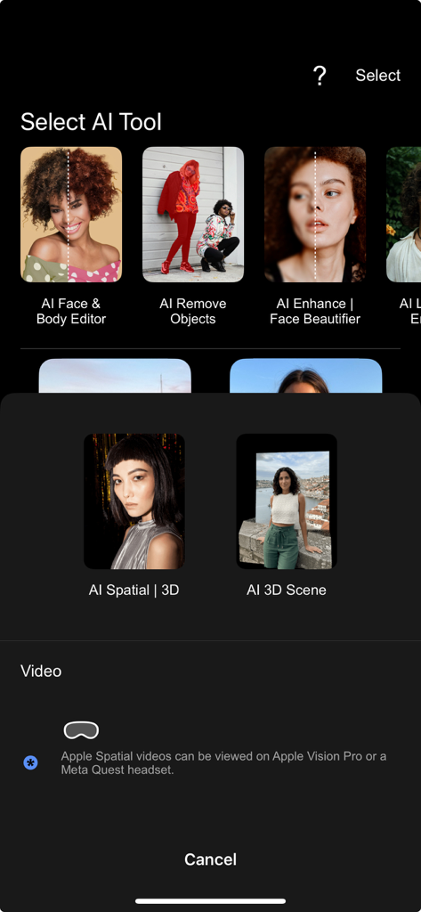 Perfect Pic—Face & Body Editor - Pantalla de selección de herramientas de la aplicación Perfect Pic que muestra el editor de rostro y cuerpo con IA, eliminación de objetos y conversión espacial 3D.