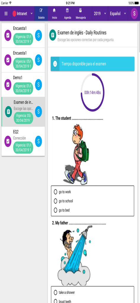 SieWeb - SieWeb app showing an English exam with multiple choice questions and a countdown timer on an iPad