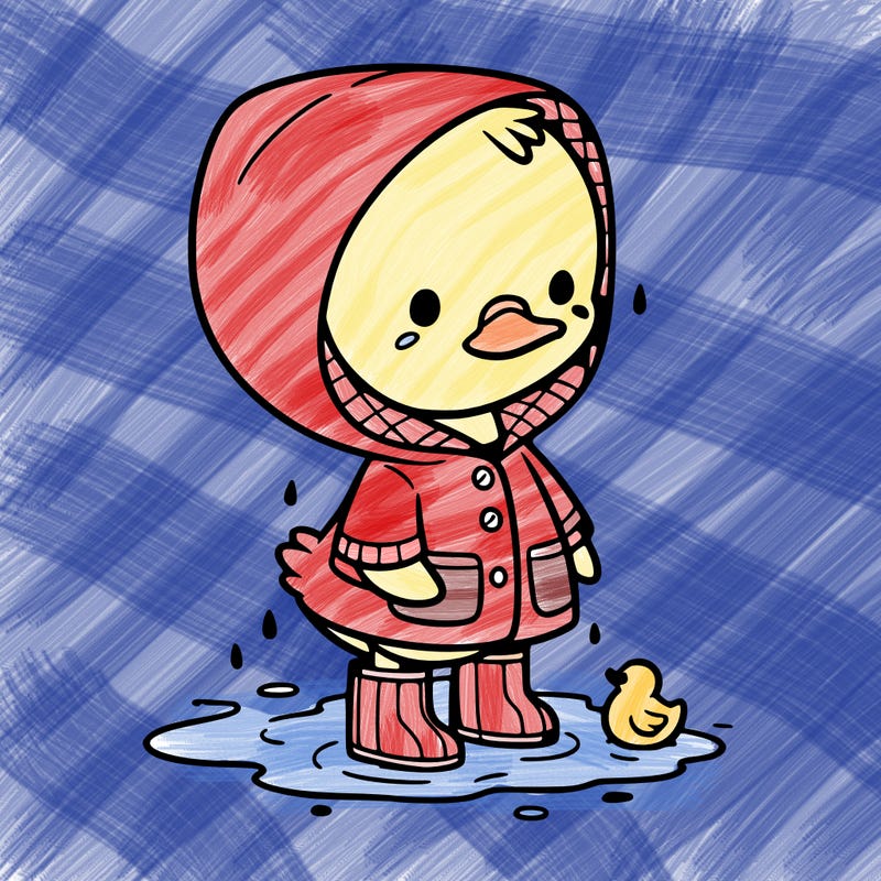 baby duck in a rain coat and boots, in a puddle while it’s raining