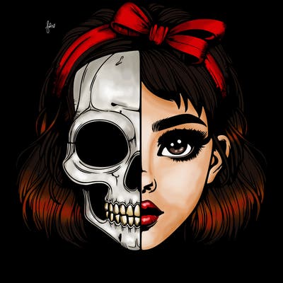 realistic girl with half skull mask