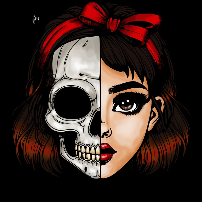 realistic girl with half skull mask