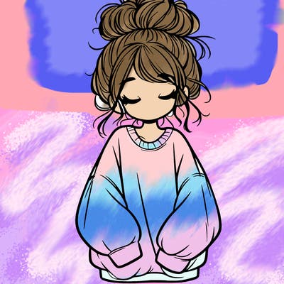 girl with baggy sweatshirt and messy bun