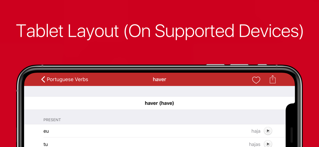 Portuguese Verb Conjugator Pro - Interfaz de la aplicación Conjugador de Verbos Portugueses Pro en diseño de tableta horizontal que muestra conjugaciones del verbo 'haver'