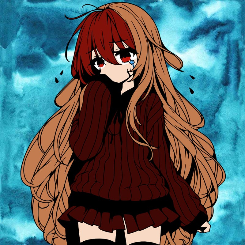 anime girl with long hair and sweater with a skirt crying