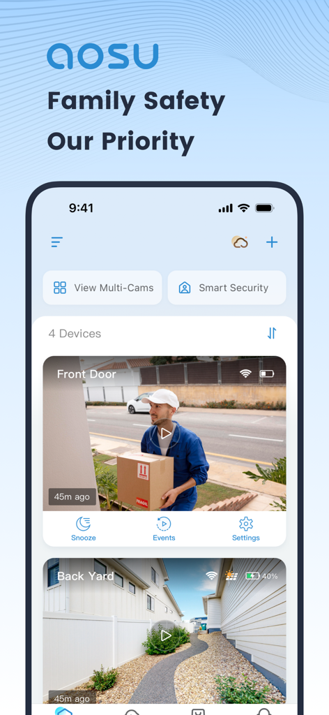 Dashboard of the Aosu security app showing live camera feeds for a front door and backyard.