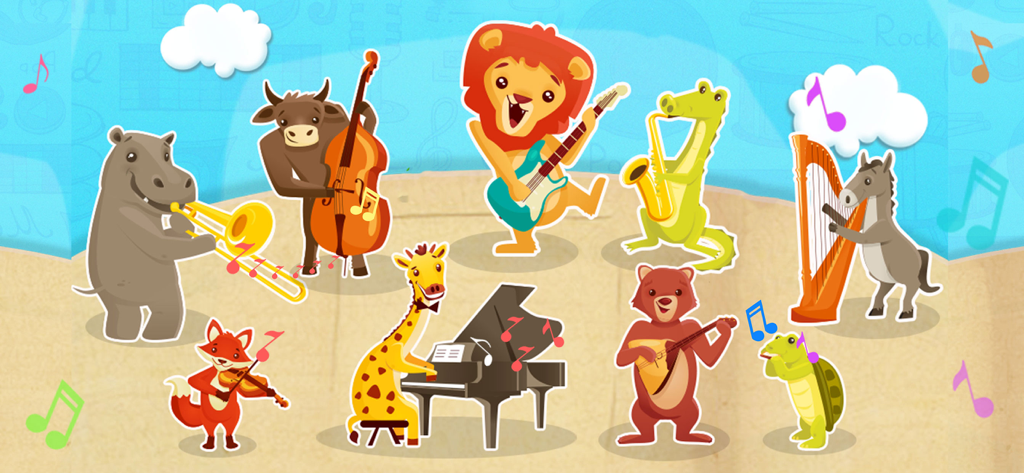 Musical Band! Play and Learn - Colorful cartoon animals playing musical instruments in a band.