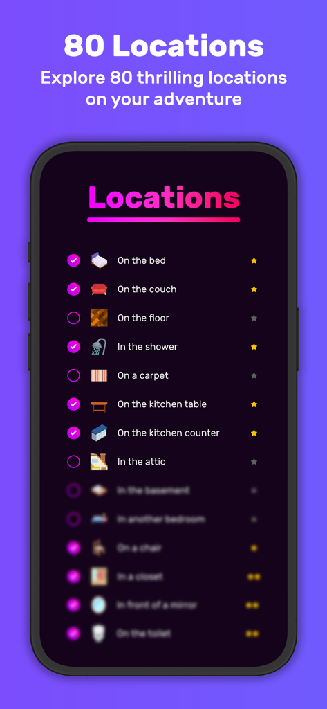 Sex Adventure: Sex Positions - Une liste de lieux intimes à explorer dans l'application Sex Adventure pour les couples.