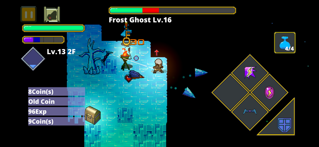 Labyrinth Legend - Gameplay of Labyrinth Legend showing a pixel art character battling a Frost Ghost in a dungeon