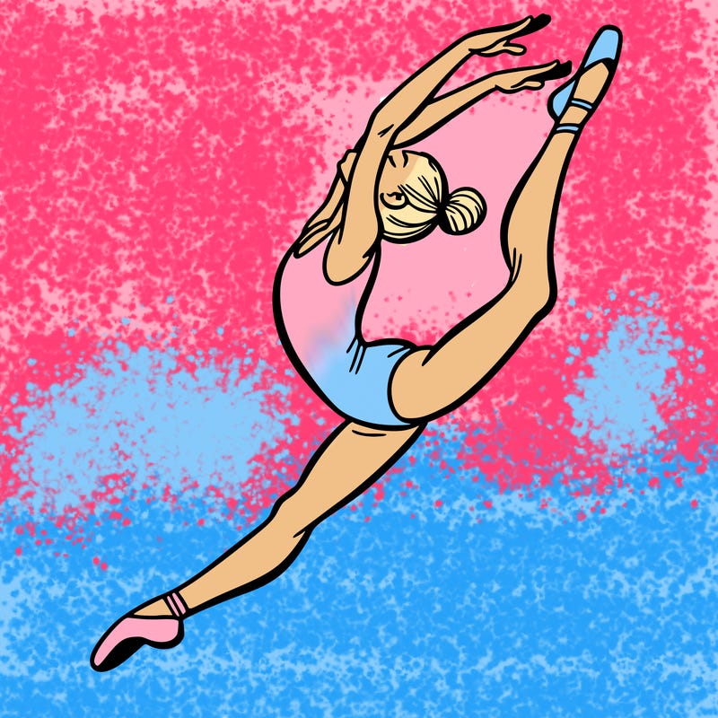 gymnast doing a leap in a leotard with a bent back leg