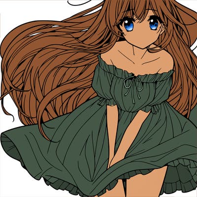 manga girl with long flowing hair and a dress that is pushed down