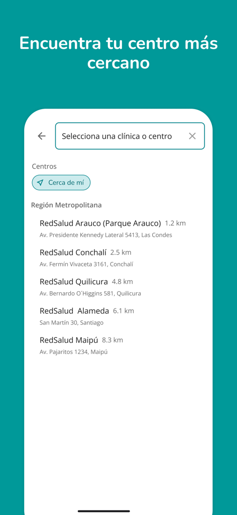MiRedSalud - Interfaz de la aplicación móvil MiRedSalud que muestra una lista de centros y clínicas médicas cercanas con distancias y direcciones.