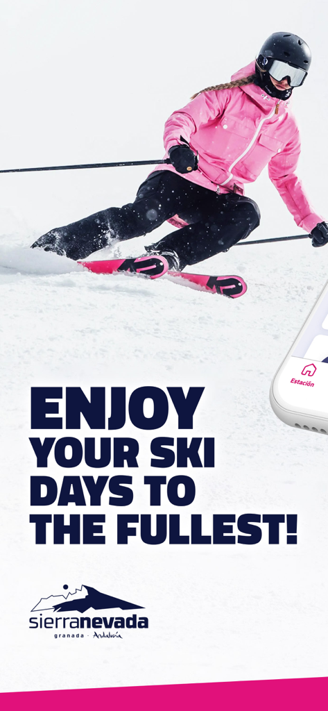 Sierra Nevada - Una mujer esquiando en una ladera nevada con el logo y eslogan del resort Sierra Nevada