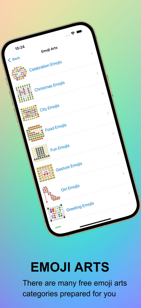 Emoji Keyboard - Face Bit Moji - Lista de categorías de arte de emojis que incluye temas de celebraciones, comida y gestos