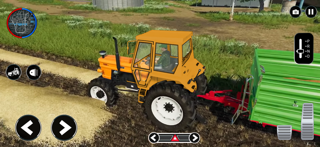 Farming Games Tractor Driving - An orange tractor pulling a green trailer in a 3D farming simulation game