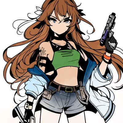 bad girl wearing crop top holding a gun long hair anime