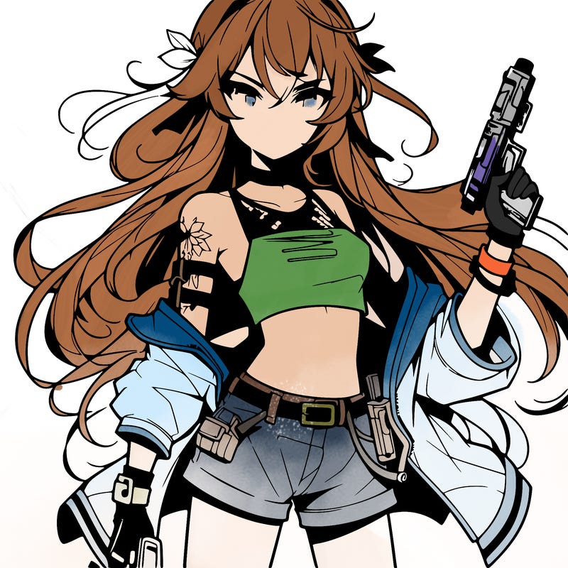 bad girl wearing crop top holding a gun long hair anime