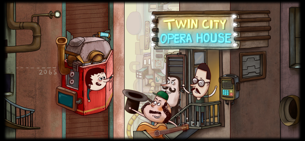 One Way: The Elevator - Hand drawn point and click puzzle scene showing a boy in a red elevator at the Twin City Opera House floor with quirky characters