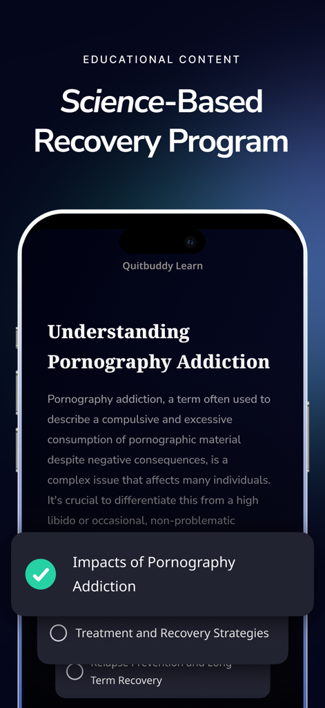 QuitBuddy: No Nut - Quit Porn - Captura de tela do aplicativo QuitBuddy mostrando conteúdo educacional e um programa de recuperação baseado na ciência com lições sobre vício