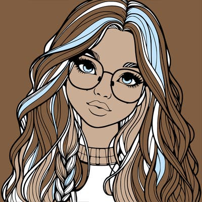 girl with long hair and freckles and glasses realistic