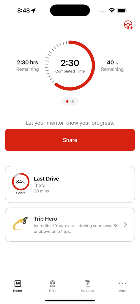 Steer Clear app home screen showing driving progress tracker and achievement badges.