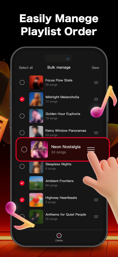 Music Player – Offline Music - A smartphone screen showing the bulk management interface for reordering music playlists in the app.