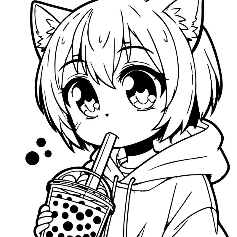 anime cat drinking boba tea