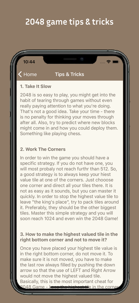 Strategy tips and tricks screen for 2048 number puzzle game.