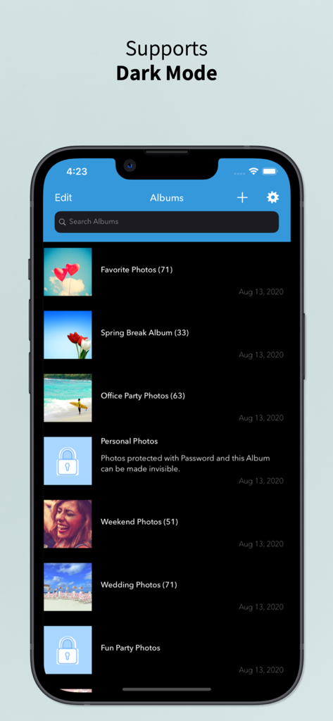 Mobile app interface for Photo Album Cloud Vault showing a list of organized photo albums in dark mode
