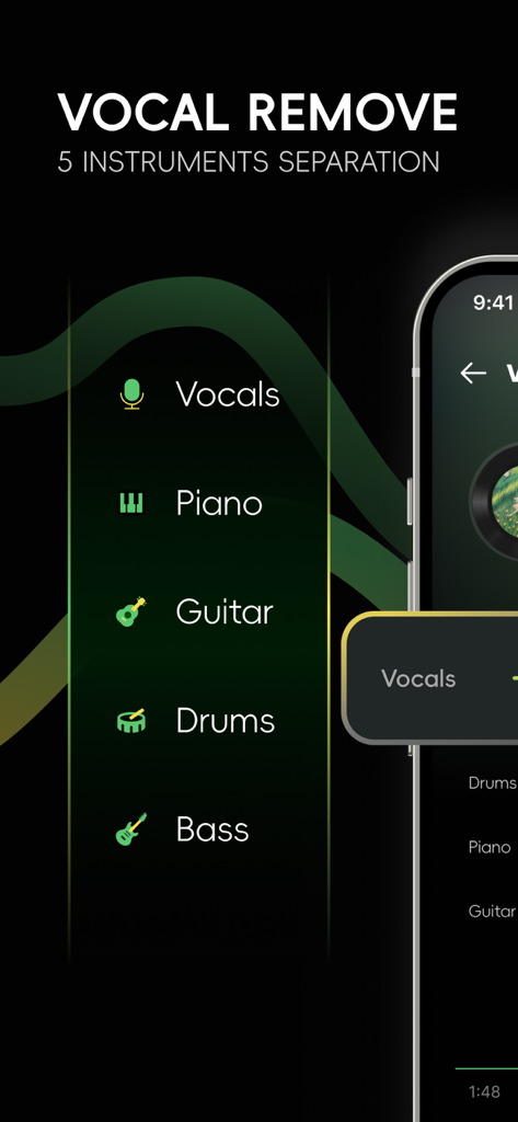 Interface of Voice Remover app showing AI separation of vocals, piano, guitar, drums, and bass