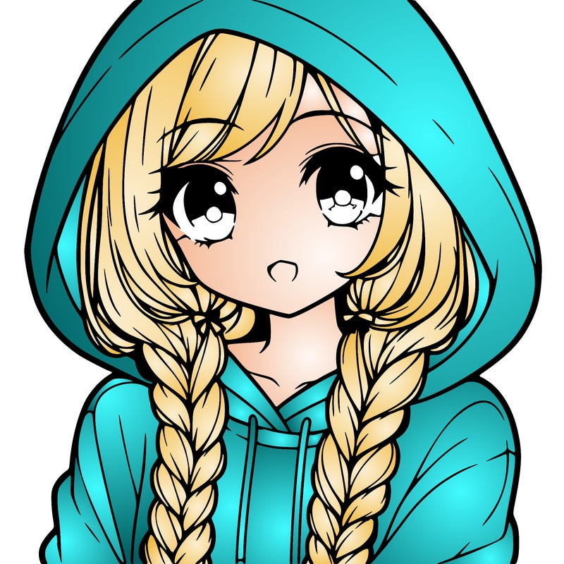 anime girl with long braids and hoodie