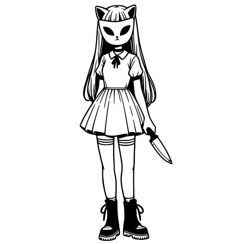 girl with long hair, and a full face cat mask, with a short dress with no shoulder sleeves, combat boots, and long socks, with a knife in her right hand