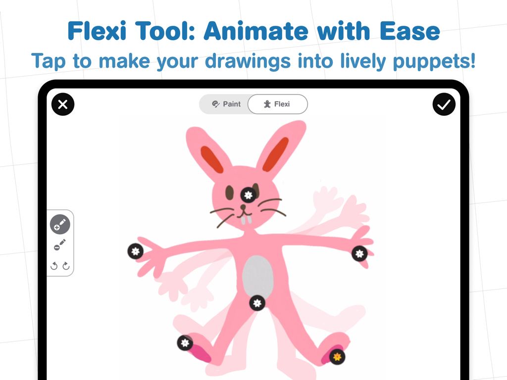 Pilo Animation Kit - A screenshot of the Pilo Animation Kit app showing the Flexi Tool used to animate a hand-drawn pink bunny puppet on an iPad.