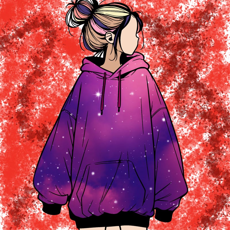 realistic girl with a oversized sweatshirt on and a bun