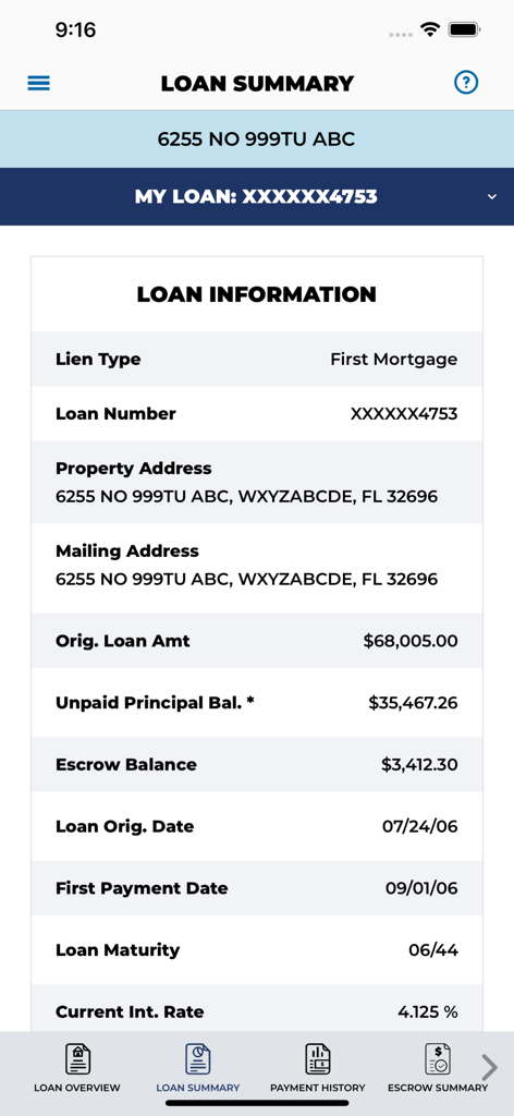 Screenshot of the loan summary screen in the Carrington Mobile app displaying mortgage information