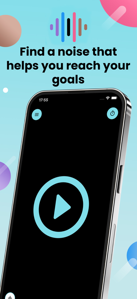 Noise: Green, Brown, White - Interfaz de la aplicación Ruido con un botón de reproducción y un eslogan centrado en objetivos.