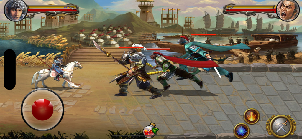 Kingdoms War - Side-scrolling arcade combat in Kingdoms War featuring warriors in a Three Kingdoms setting with a military camp background