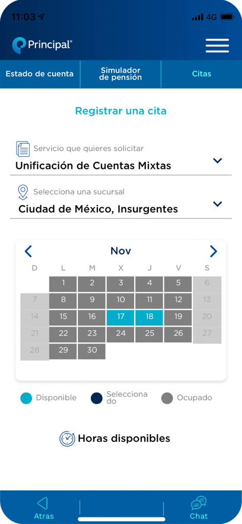 Principal® México - Interfaz de la app móvil Principal Mexico para programar una cita en sucursal con una vista de calendario mensual