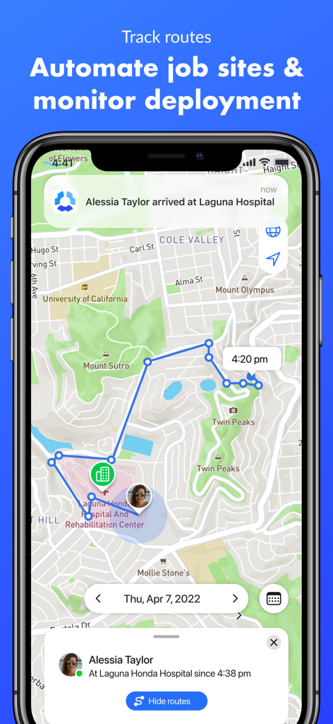 Hubstaff Time Tracker - Interfaz de la aplicación móvil Hubstaff mostrando rastreo de ruta GPS en tiempo real y notificaciones de llegada al sitio de trabajo en un mapa